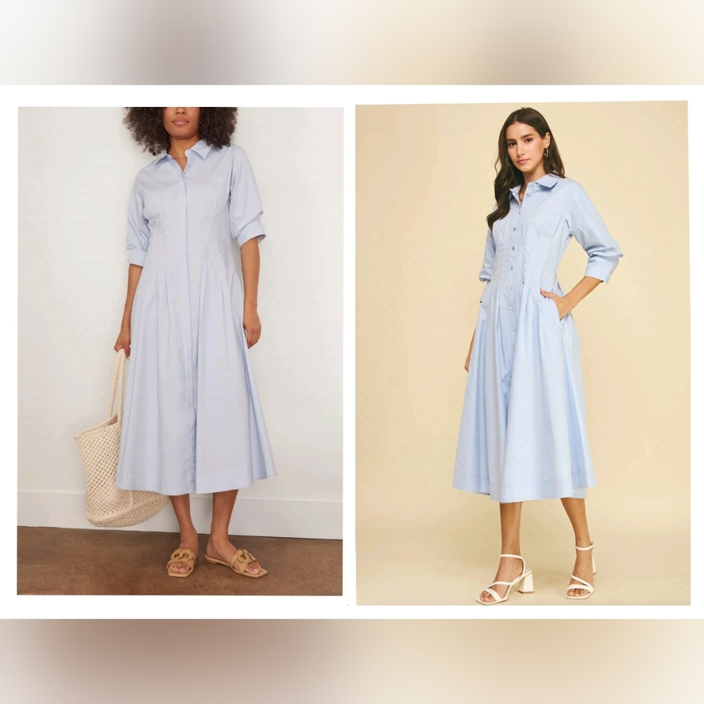 Women’s Light Blue Long-Sleeve Midi Shirt Dress